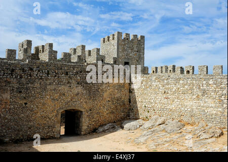 battlements of medieval castle Castelo dos Mouros, Sesimbra, Portugal Stock Photo