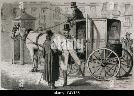 Transportation history. Diligence. Engraving created by Irrabieta, 1886. Stock Photo