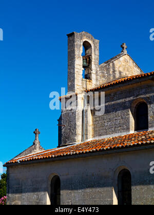 Detail of romanesque bell tower on church in Pons in the Charente-Maritime area near Cognac in south western France Stock Photo