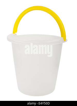 Empty plastic bucket with yellow handle isolated on white background Stock Photo