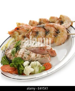 Grilled Salmon And Shrimps Stock Photo