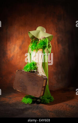 Girl in a hat with an old suitcase Stock Photo