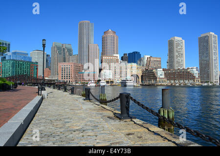 Downtown Boston as seen from the Harbor Walk in the Seaport District. Stock Photo