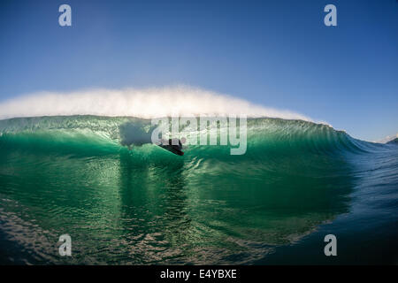 Surfer body boarder silhouetted surfing hollow ocean wave a swimming water photo of action Stock Photo