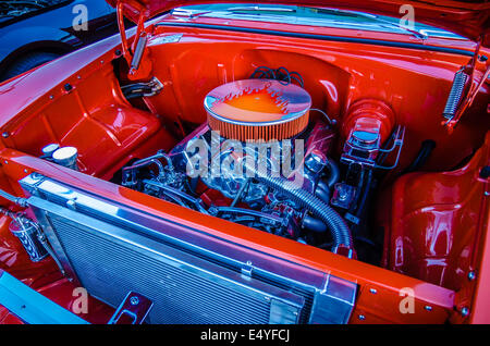 Car Under Hood Close Up, View Of A Red Engine With Big Black Round Air  Intake Filter, Tubes, Wires, Pipes, Mechanical And Electrical Other Parts  Stock Photo, Picture and Royalty Free Image.