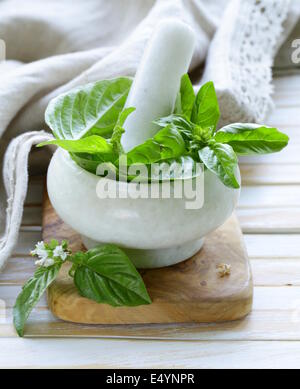 fresh green basil leaves in a marble mortar Stock Photo
