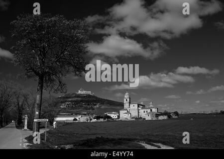 Castrojeriz on the great walk of  Saint James, Jakobsweg, Camino de Santiago, Spain, Black and white Stock Photo