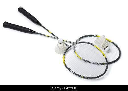 Badminton rackets and shuttlecocks isolated on white Stock Photo