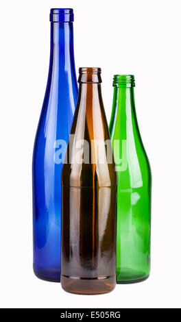 Three empty wine bottles on white background Stock Photo - Alamy