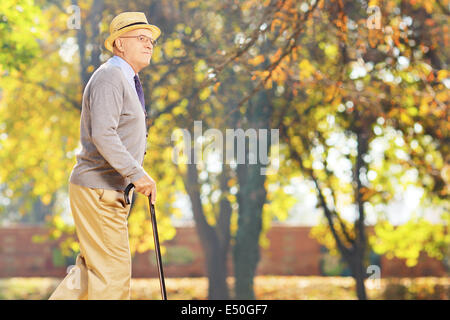 Senior gentleman walking with a cane in a park Stock Photo