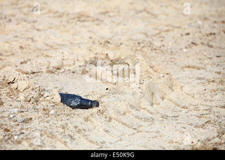 Black Plastic bottle in sand outdoor