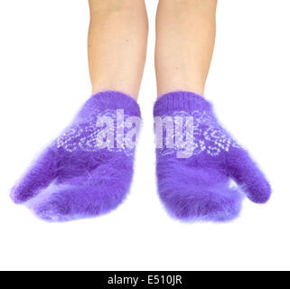 Hands in fluffy lilac mittens Stock Photo