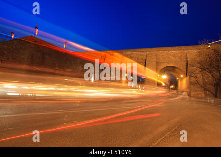 light trails through the ancient city wall Stock Photo