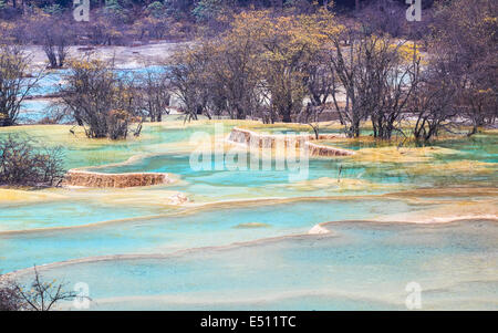 blue travertine ponds in huanglong Stock Photo