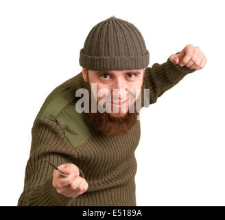 bearded man with a knife on a white Stock Photo