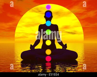 Chakras at sunset - 3D render Stock Photo