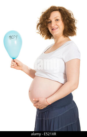 Pregnant holding blue balloon with boy message isolated on white background Stock Photo