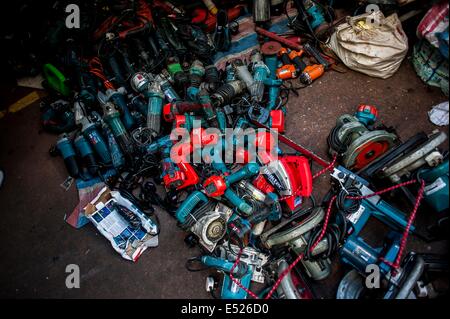 Old drills and tools at the market in Mongkok district in Hong Kong Stock Photo