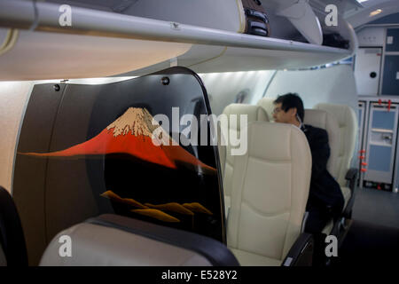 Interior of a Mitsubishi MRJ regional airliner mock-up, exhibited at the Farnborough Air Show, England. Stock Photo