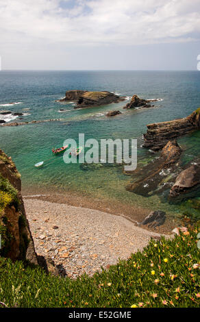 View from the clifftops onto the rocky shore and headlands of the Atlantic coastline. Stock Photo