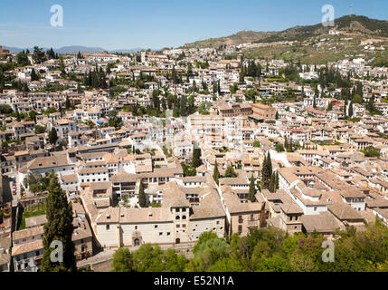 View of historic Moorish buildings in the Albaicin district of Granada, Spain seen from the Alhambra Stock Photo