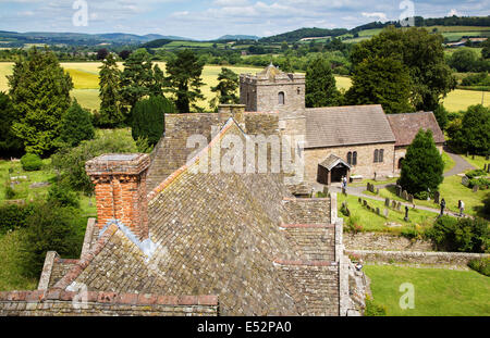 View towards the Long Mynd and the church from the South Tower at Stokesay Castle near Ludlow Shropshire UK