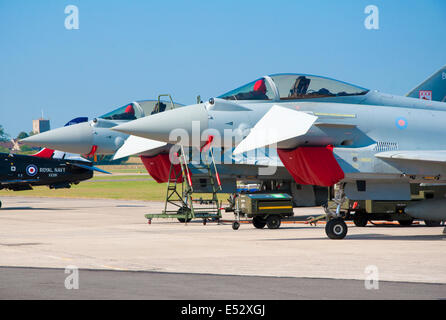 The noses of two Eurofighter Typhoon FGR4 aircraft (parked) with canards angled down and intake covers in place Stock Photo