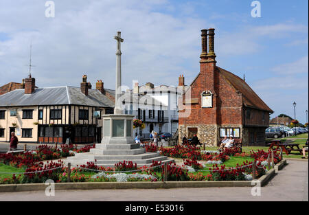 Views around the Suffolk seaside town of Aldeburgh Moot Hall the war memorial and model boating lake or pond Stock Photo