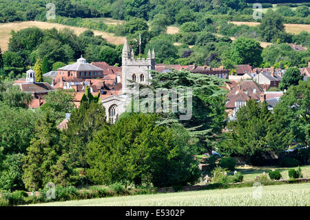 Bucks Chiltern Hills - view over Amersham Old Town - russet rooftops - church tower - fine setting amid trees - on HS2 route Stock Photo