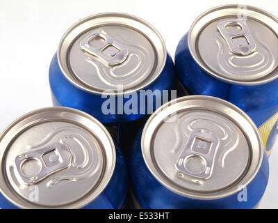 Close up of ring pulls on the tops of drink cans. Stock Photo