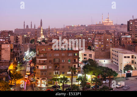 Islamic Cairo overview at dusk with citadel in background, Cairo, Egypt Stock Photo