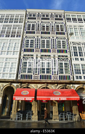 Glazed window balconies (galerías) on waterfront, A Coruña, A Coruña Province, Galicia, Kingdom of Spain Stock Photo