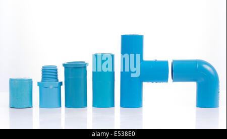 Blue pvc pipe connection with valve isolated on white Stock Photo