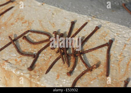 Rusted nails placed on a dappled concrete wall Stock Photo