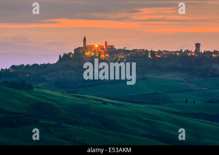 Pienza at sunset, taken from Monticchiello in the heart of the Tuscany, Italy Stock Photo