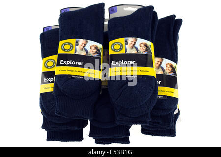 Pile of blue large mens Bridgedale Explorer pairs of  socks Wool and nylon Stock Photo