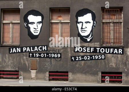 Jan Palach and Josef Toufar victims of communism in Czechoslovakia. Street art in their memory in Prague, Legerova street Prague, Czech Republic Stock Photo