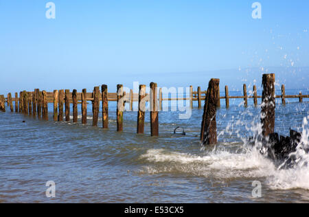 Remains of old groynes on the east coast at Cart Gap, near Happisburgh, Norfolk, England, United Kingdom. Stock Photo