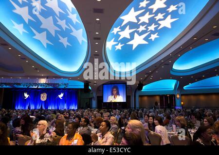 US First Lady Michelle Obama delivers remarks during the Congressional Club annual First Lady's Luncheon May 1, 2014 in Washington, DC. Stock Photo