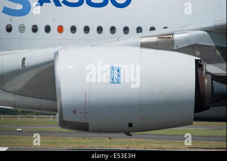 Farnborough Aerodrome, Hampshire UK. 18th July 2014. The international aerospace exhibition is the UK’s biggest event in the aerospace-defence calendar, held every two years. Rolls Royce Trent 900 engine pod on the double-deck Airbus A380. Credit:  Malcolm Park editorial/Alamy Live News.