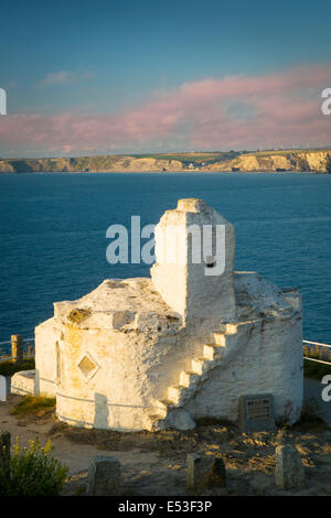 Huer's Hut from the 14th Century overlooking the bay in Newquay, Cornwall England Stock Photo