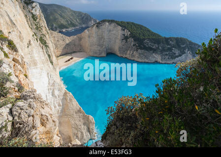 Zante, Greece - dramatic limestone cliffs provide a view of the Navagio beach, or Shipwreck Cove, a tourist attraction accessibl Stock Photo