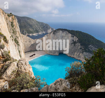 Zante, Greece - dramatic limestone cliffs provide a view of the Navagio beach, or Shipwreck Cove, a tourist attraction accessibl Stock Photo