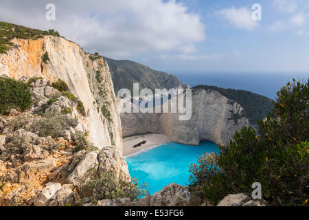 Zante, Greece - dramatic limestone cliffs provide a view of the Navagio beach, or Shipwreck Cove, a tourist attraction accessibl Stock Photo