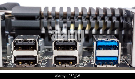 Connector of computer motherboard, back side computer port isolated on white background Stock Photo