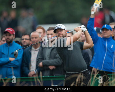 Hoylake, UK. 19th July, 2014. The Open Golf Championship, Round 3. Ryan MOORE [USA] from the tee Credit:  Action Plus Sports/Alamy Live News Stock Photo