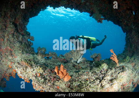 Diver outside a pass through in Rinbudhoo island's house reef in Maldives Stock Photo