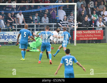 Darlington, UK. 19th July, 2014. Darlington defender Gary Brown (2) scores during the pre season friendly between Darlington and Sunderland at Heritage Park in Bishop Auckland. Credit:  Action Plus Sports/Alamy Live News Stock Photo