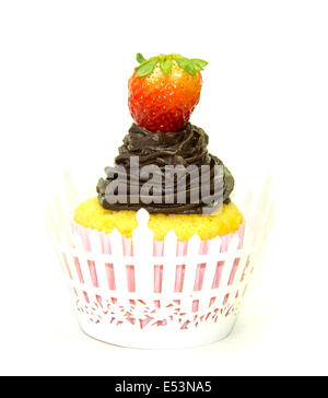 Corn flour Cupcake with chocolate and strawberry top and wrapper Stock Photo
