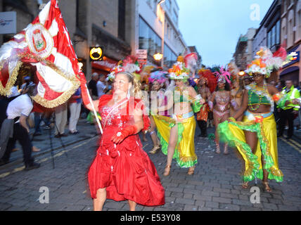 Liverpool, UK. 19th July, 2014. A colourful parade of Samba dancers and drummers brought Brazilian carnival onto the streets of Liverpool city centre on Saturday night, 19th July, 2014 - it was the annual Brazilica Festival. Large crowds turned out to enjoy the event. Credit:  Pak Hung Chan/Alamy Live News Stock Photo